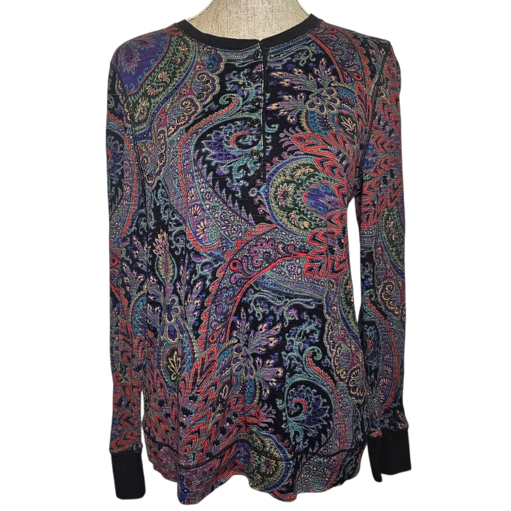 LRL Paisley Henley Top Size M Long Sleeve Fall Dark Romance Moody Autumn Cotton